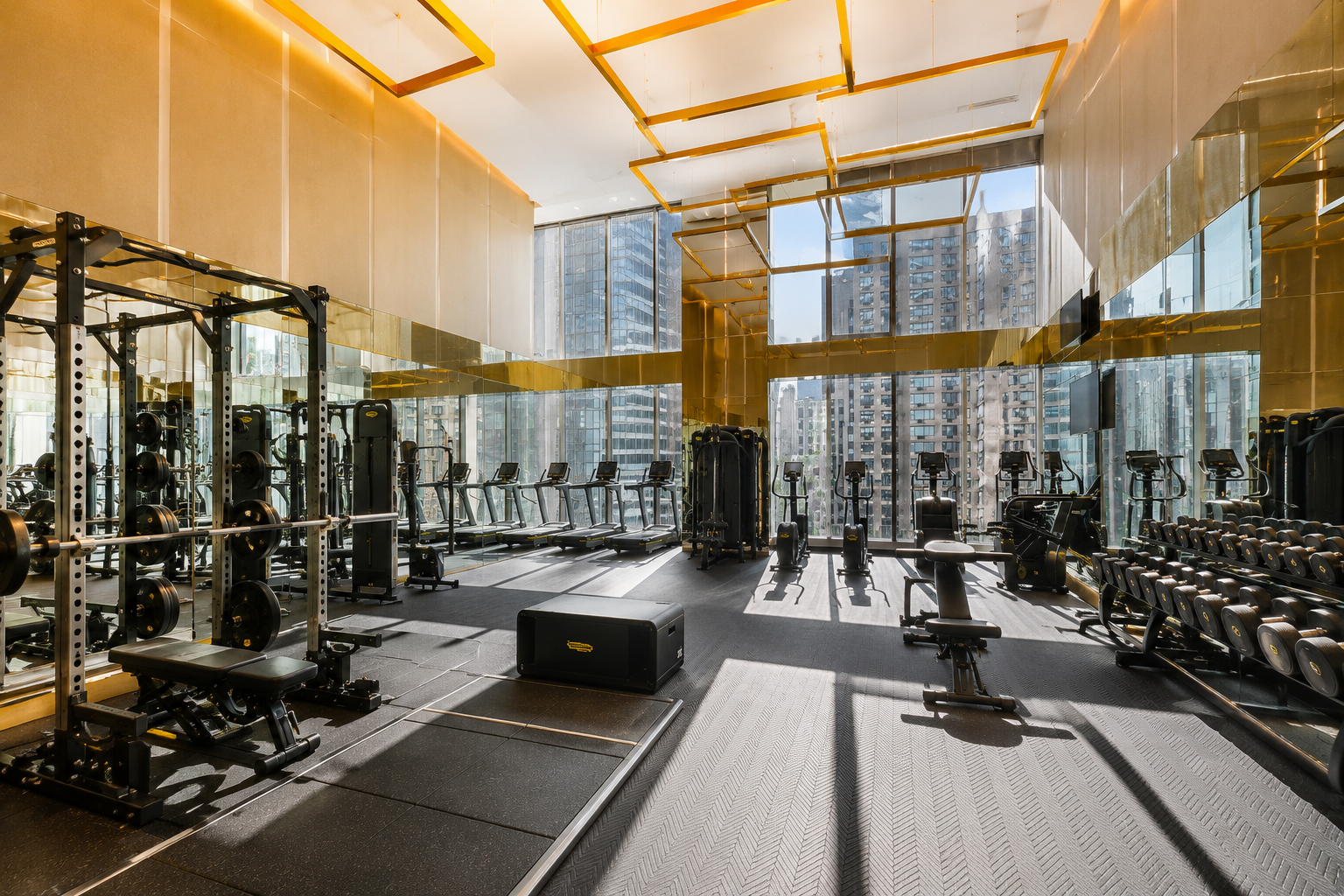 Modern gym with large windows, natural light, gold accents, various exercise equipment including weights, treadmills, and stationary bikes.