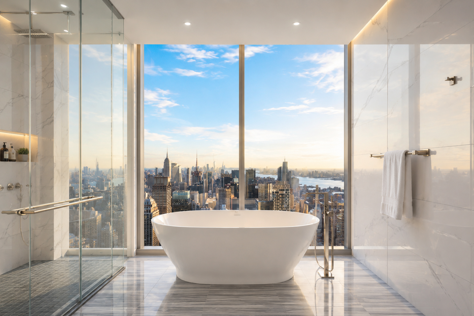 Modern bathroom with a freestanding bathtub in front of large windows showing a city skyline and a river, with a shower area on the left and a towel hanging on the right wall.