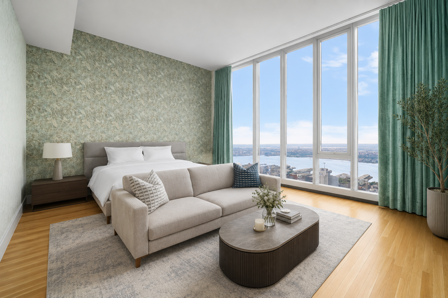 Modern hotel room with large windows overlooking a river, featuring a bed, beige sofa with pillows, coffee table with flowers and candles, nightstand with lamp, green curtains, potted plant, and wooden flooring.
