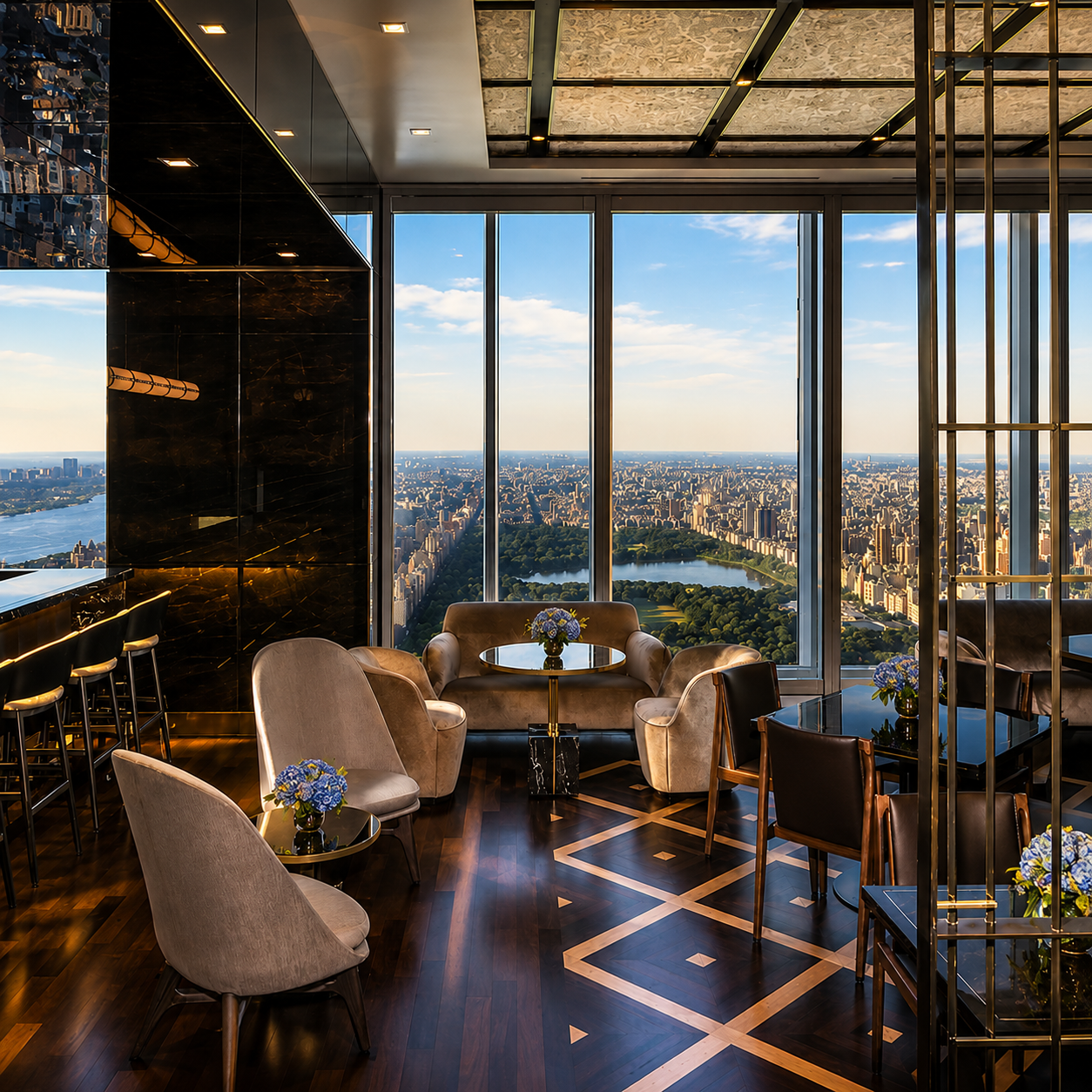 Luxurious lounge area on a high-rise building with large windows showcasing a city skyline and Central Park in the distance, furnished with plush chairs, small tables with flower vases, and a black marble floor.