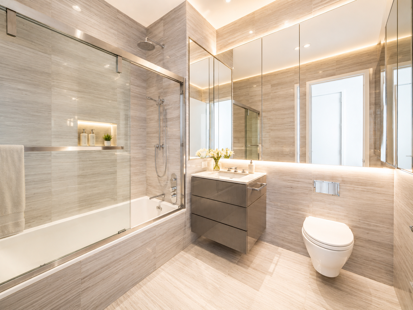 Modern bathroom with bathtub and shower, gray vanity with flowers, large mirror, toilet, and beige tiled walls and floor, bright lighting.