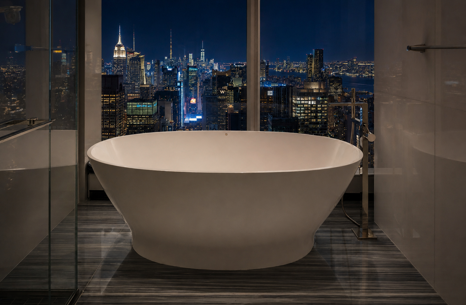 Modern bathroom with a freestanding bathtub positioned in front of a large window showing a night-time city skyline of New York City.