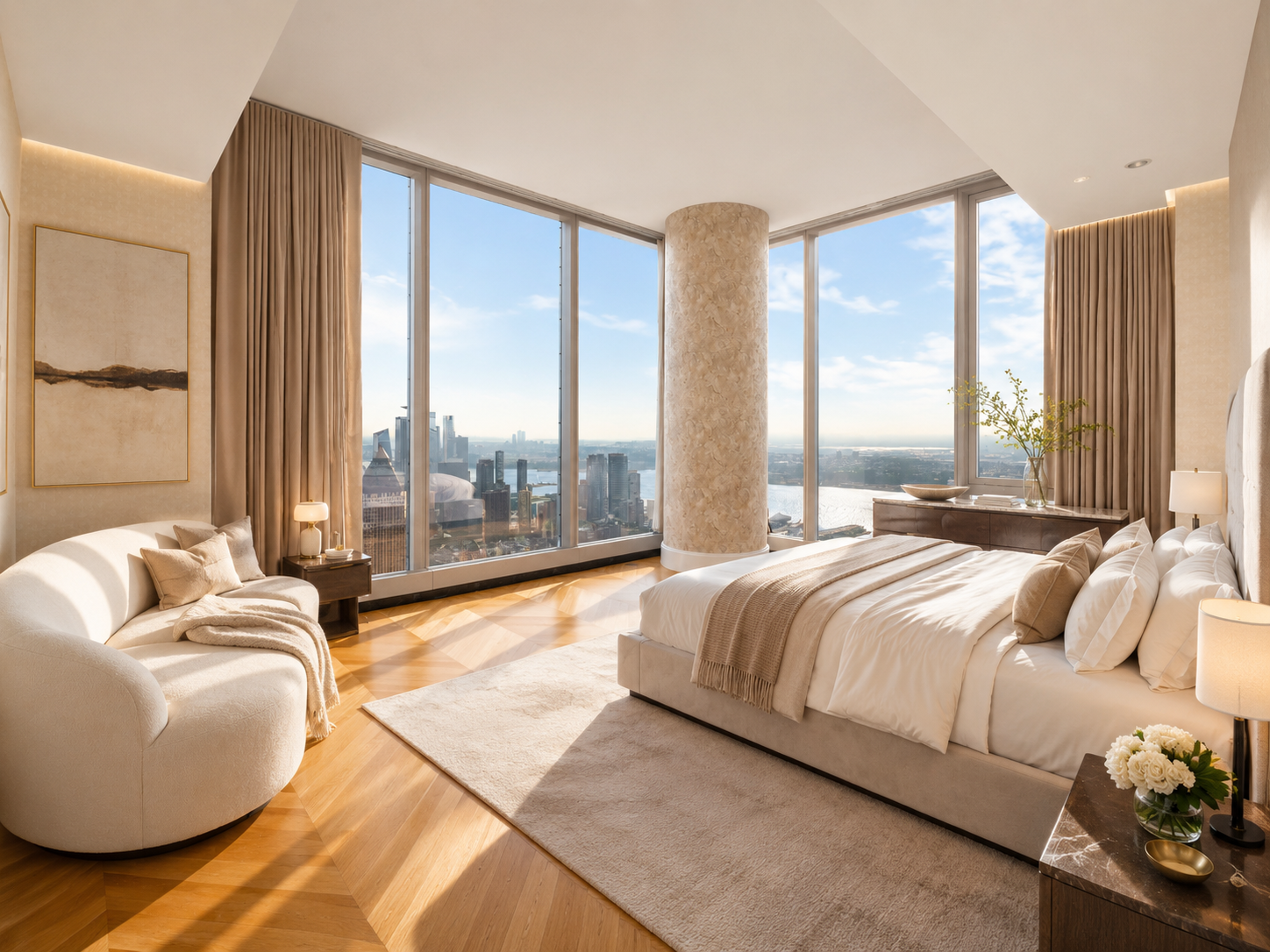 Luxury bedroom with large floor-to-ceiling windows showing a city skyline and river, cream-colored walls and furniture, a bed with white bedding, a beige throw blanket, a vase with flowers, and warm natural lighting.