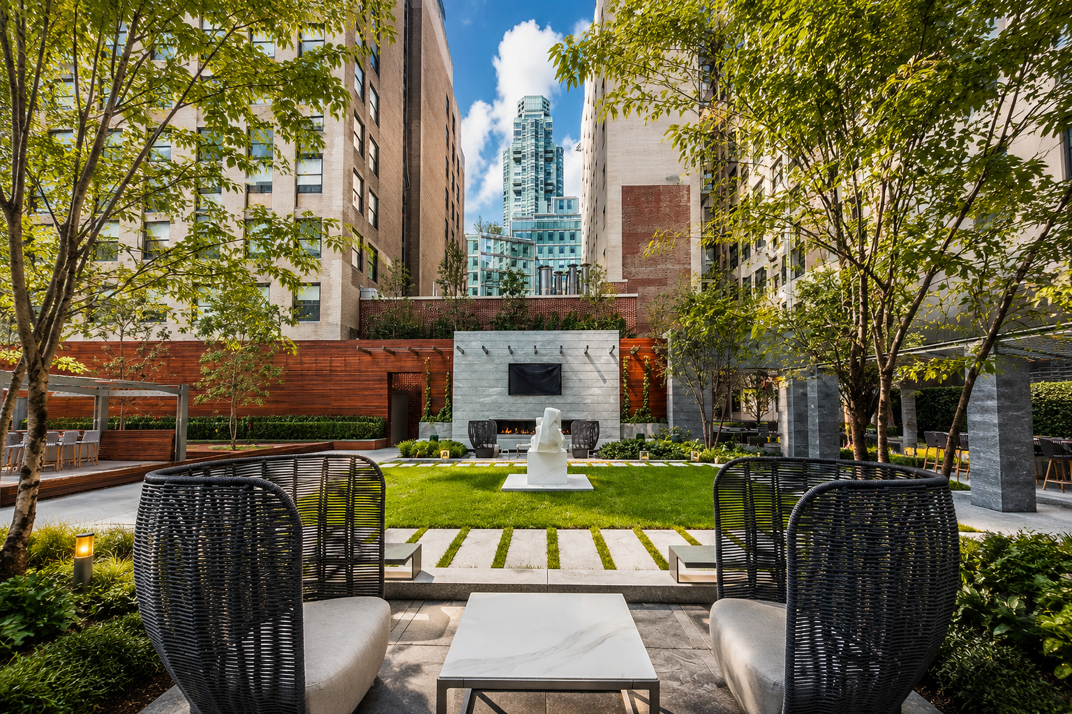 Urban outdoor lounge area with chairs, a fireplace, and landscaped garden surrounded by tall buildings.