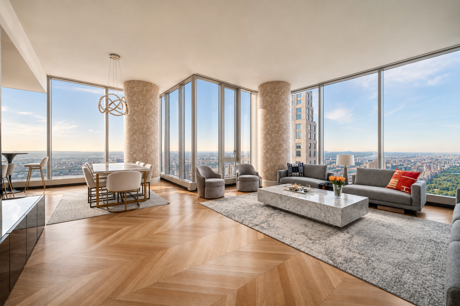 Spacious living room with floor-to-ceiling windows showing city views, modern furniture including sofas and chairs, a white marble coffee table, and decorative accents.