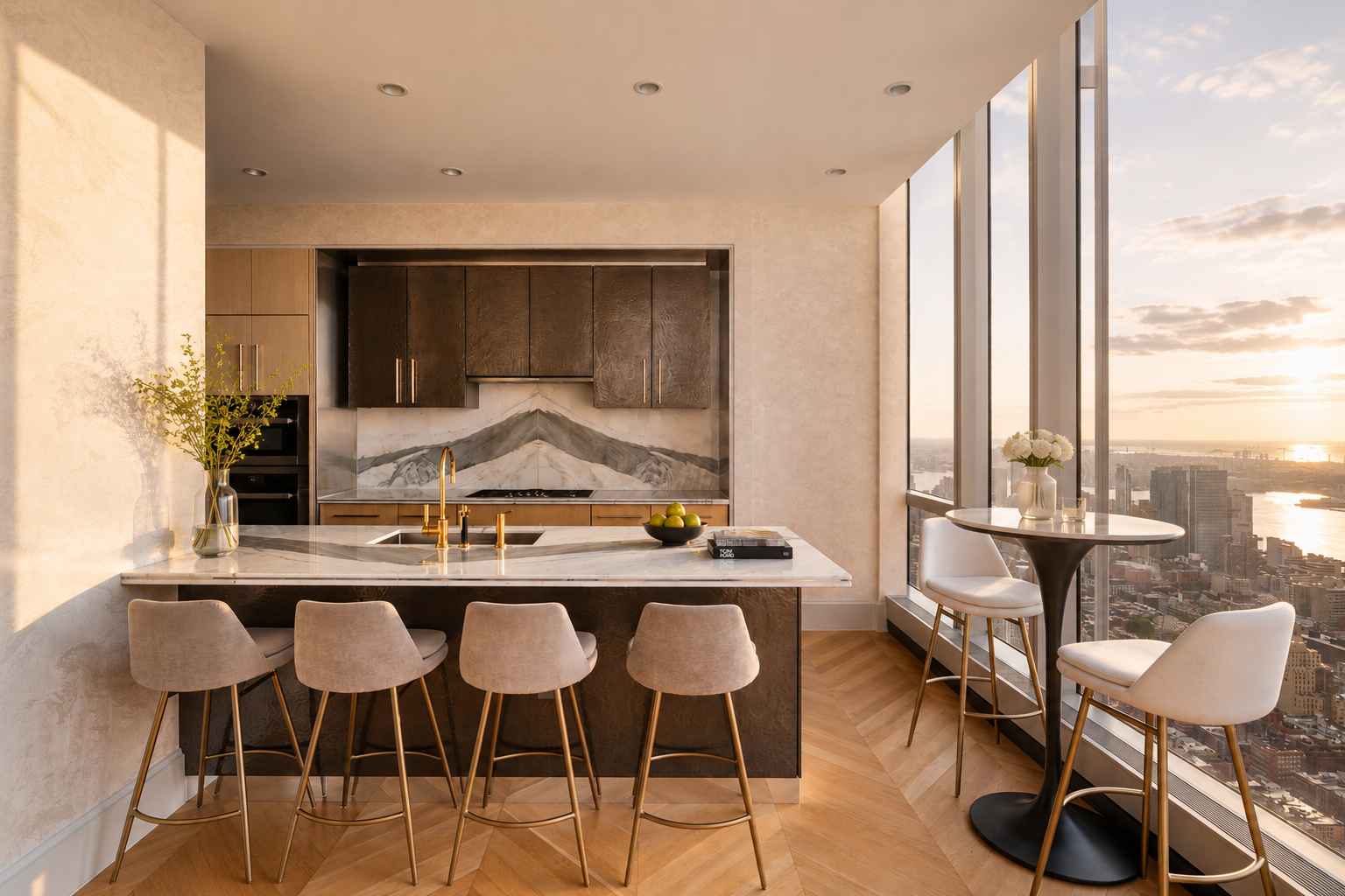 Modern kitchen with marble island, dark wood cabinets, gold fixtures, bar stools, and a small balcony with a city view at sunset.
