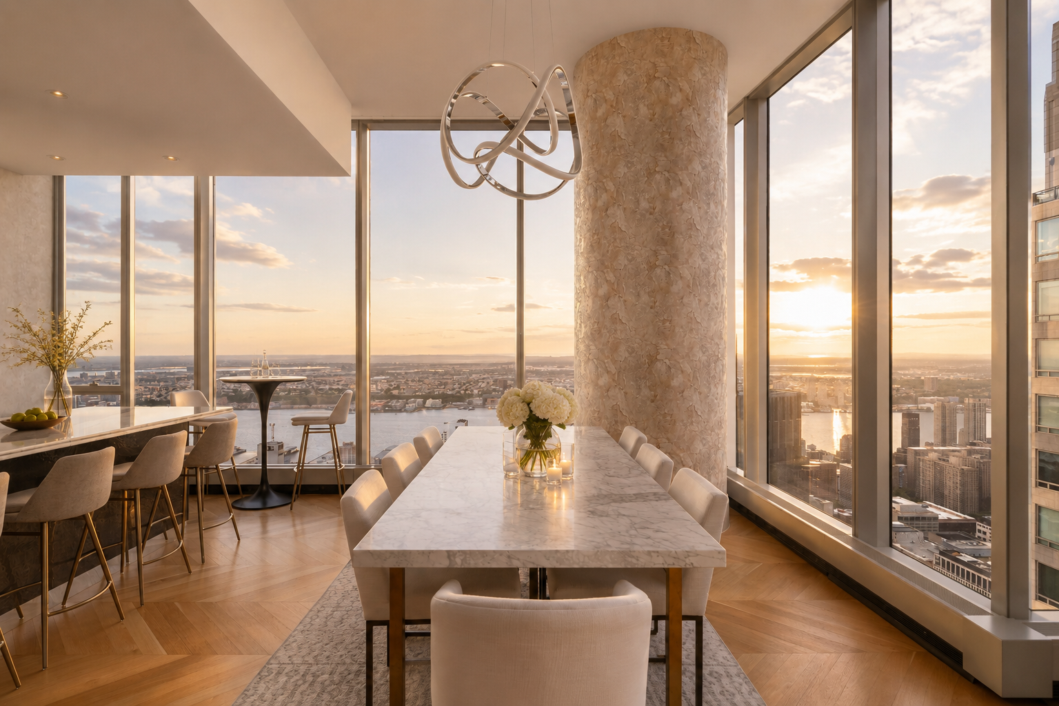 Elegant dining room with a marble table, white chairs, large windows showing a city skyline and river at sunset, decorated with a bouquet of white flowers, candles, and a modern light fixture.