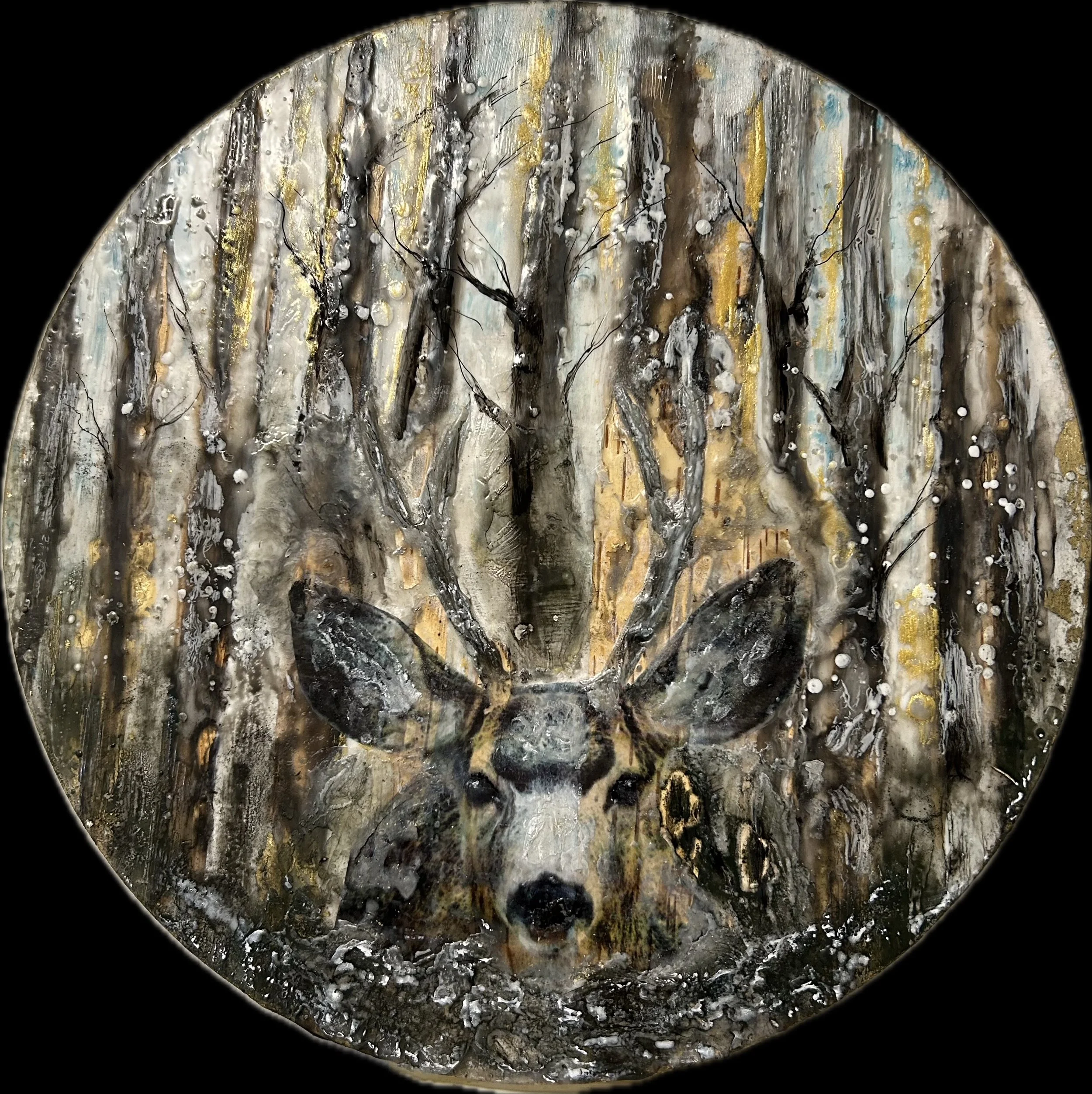 Encaustic Art. Deer with forest in background on round panel.