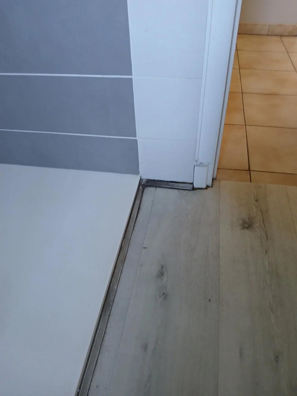 Coin de mur et sol d'une pièce, avec un seuil en métal, des murs peints en gris et blanc, et un sol en carreaux de bois clair et en carreaux de céramique beige.