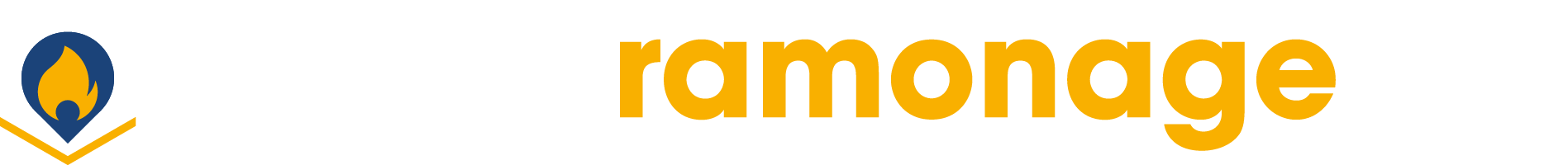 Logo de France Ramonage avec texte en blanc et jaune et symbole de flamme encadré en bleu et blanc.