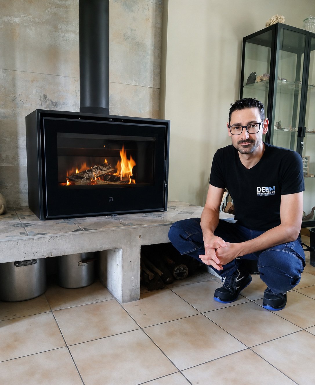 Un homme assis à côté d'une cheminée moderne en verre avec un feu allumé, dans un intérieur avec sol en carreaux beige.