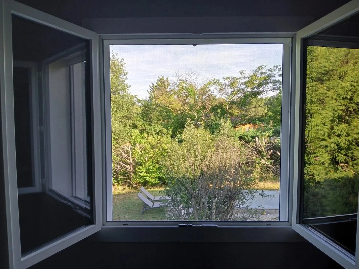 Moustiquaire posée sur une fenêtre avec vue sur jardin.