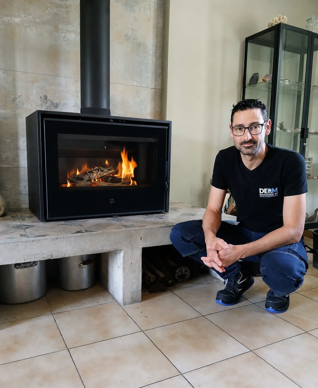 Un homme assis à côté d'une cheminée moderne en verre avec un feu allumé, dans un intérieur avec sol en carreaux beige.