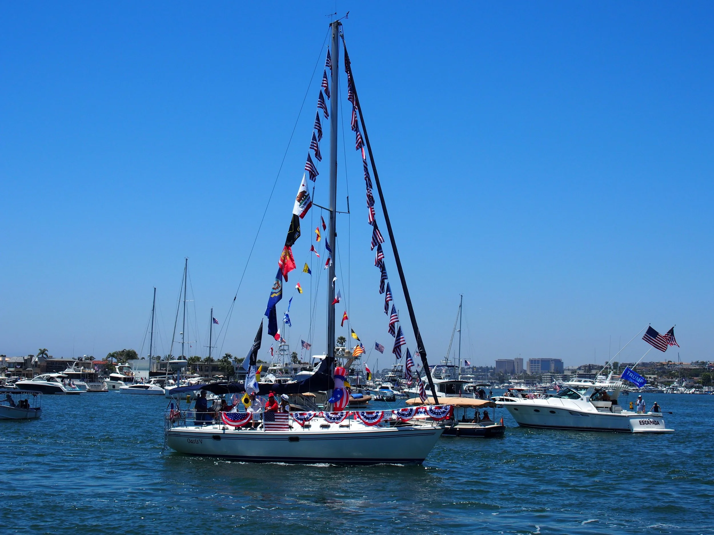 A marina filled with boats decorated with American flags and patriotic banners, with clear blue skies overhead and a cityscape in the background.