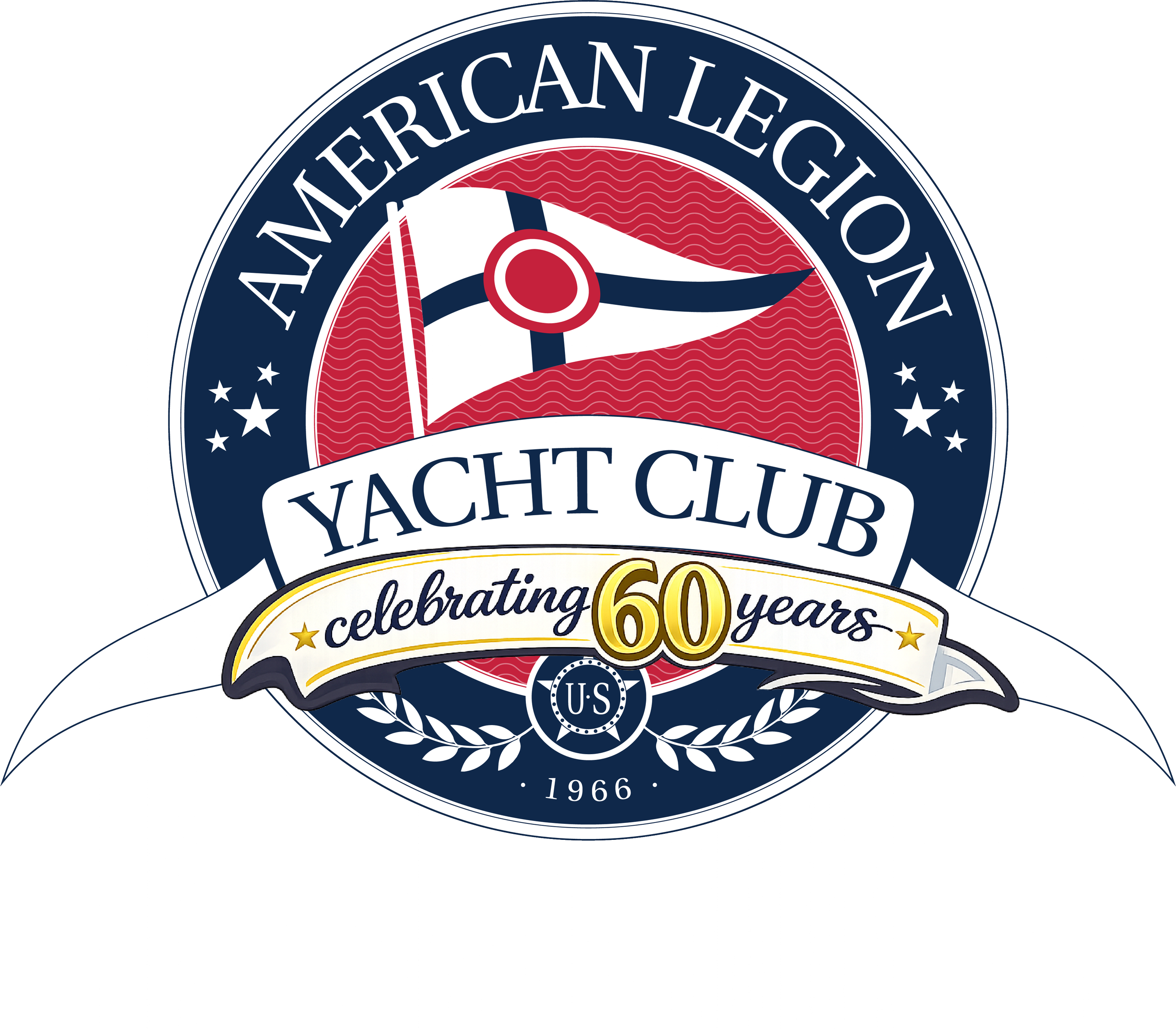 Logo of the American Legion Yacht Club celebrating 60 years, established in 1966, with a navy blue, red, white, and gold color scheme featuring a sailboat and nautical themes.