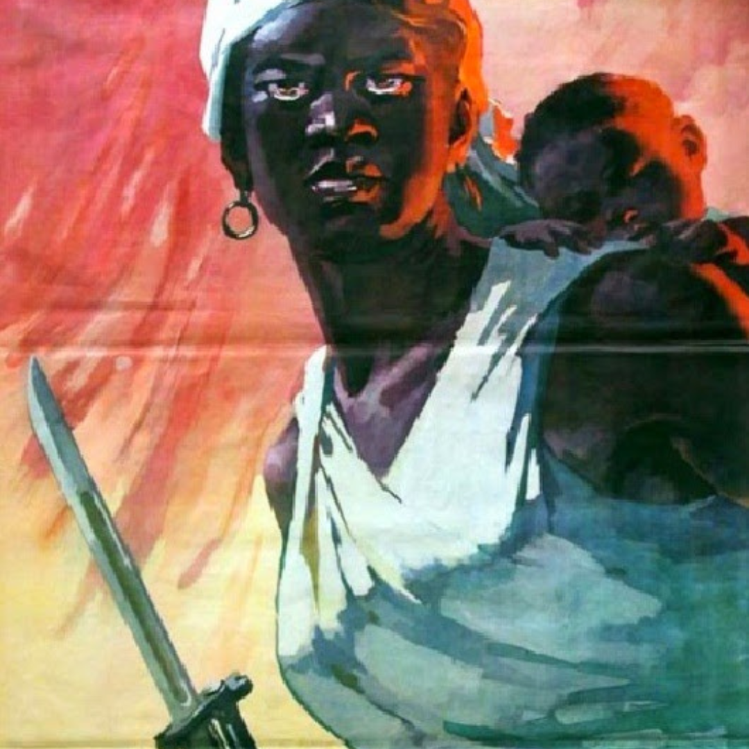 Image of a Nyabingi woman holding her baby and a sword
