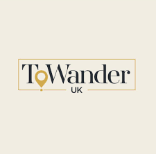 Logo for 'ToWander UK' with stylized text and a location pin icon.