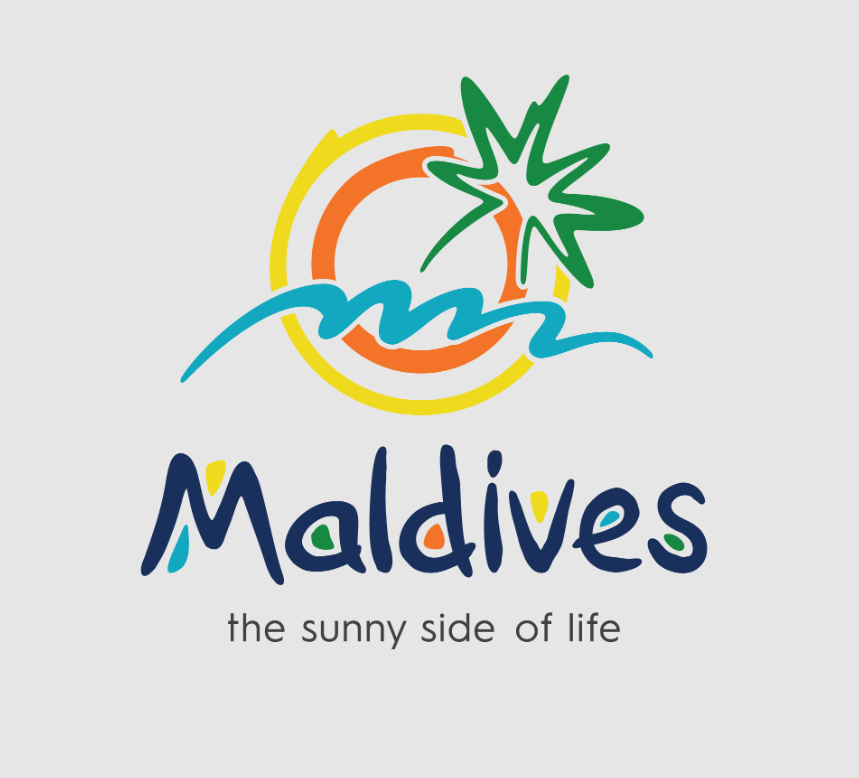 Colorful logo with sun, wave, and palm tree elements, with the text "Maldives" and the tagline "the sunny side of life."