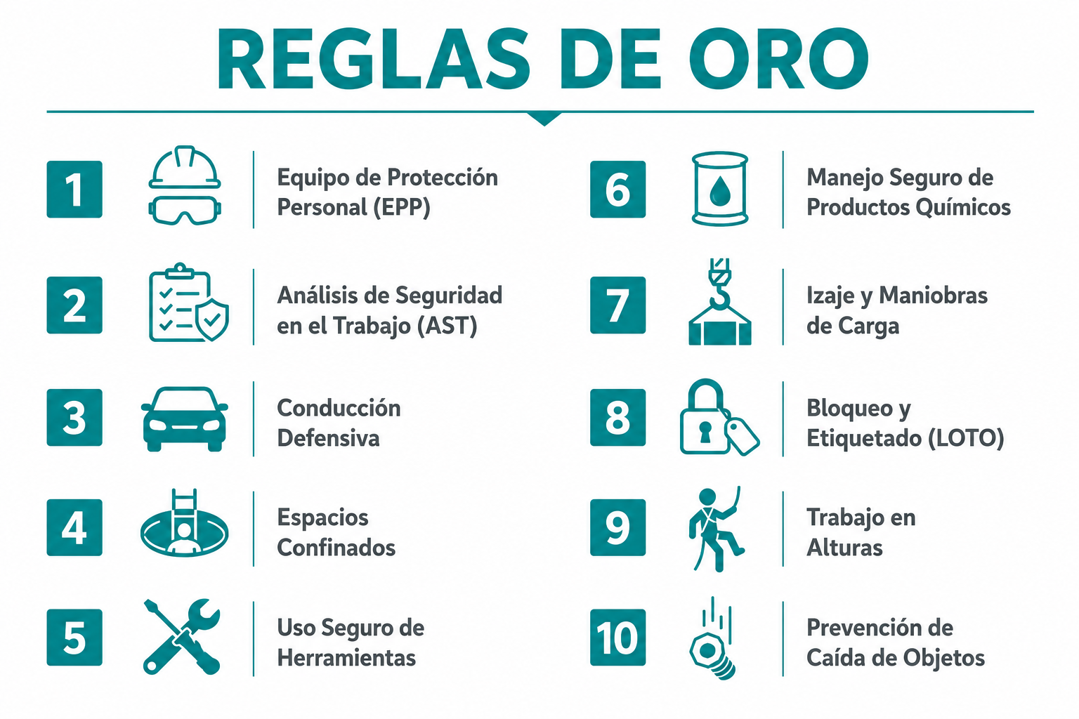 Infographic titled 'Reglas de Oro' listing safety rules with icons: 1. Personal Protective Equipment (PPE) with helmet and goggles, 2. Safety Analysis at Work with checklist, 3. Defensive Driving car, 4. Confined Spaces, 5. Use of Tools, 6. Handling Chemicals, 7. Loading and Handling of Cargo, 8. Lockout and Tagout (LOTO), 9. Working at Heights, 10. Fall Prevention.