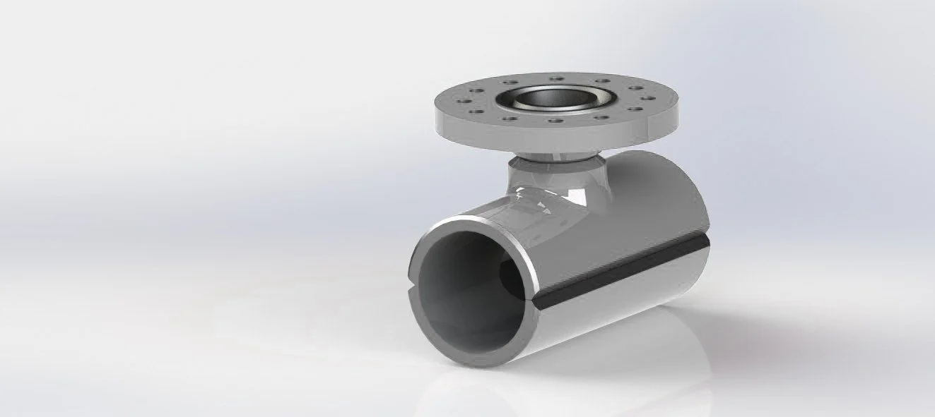 Gray industrial pipe component with a flange on top and a cutout on the side, isolated on a plain background.