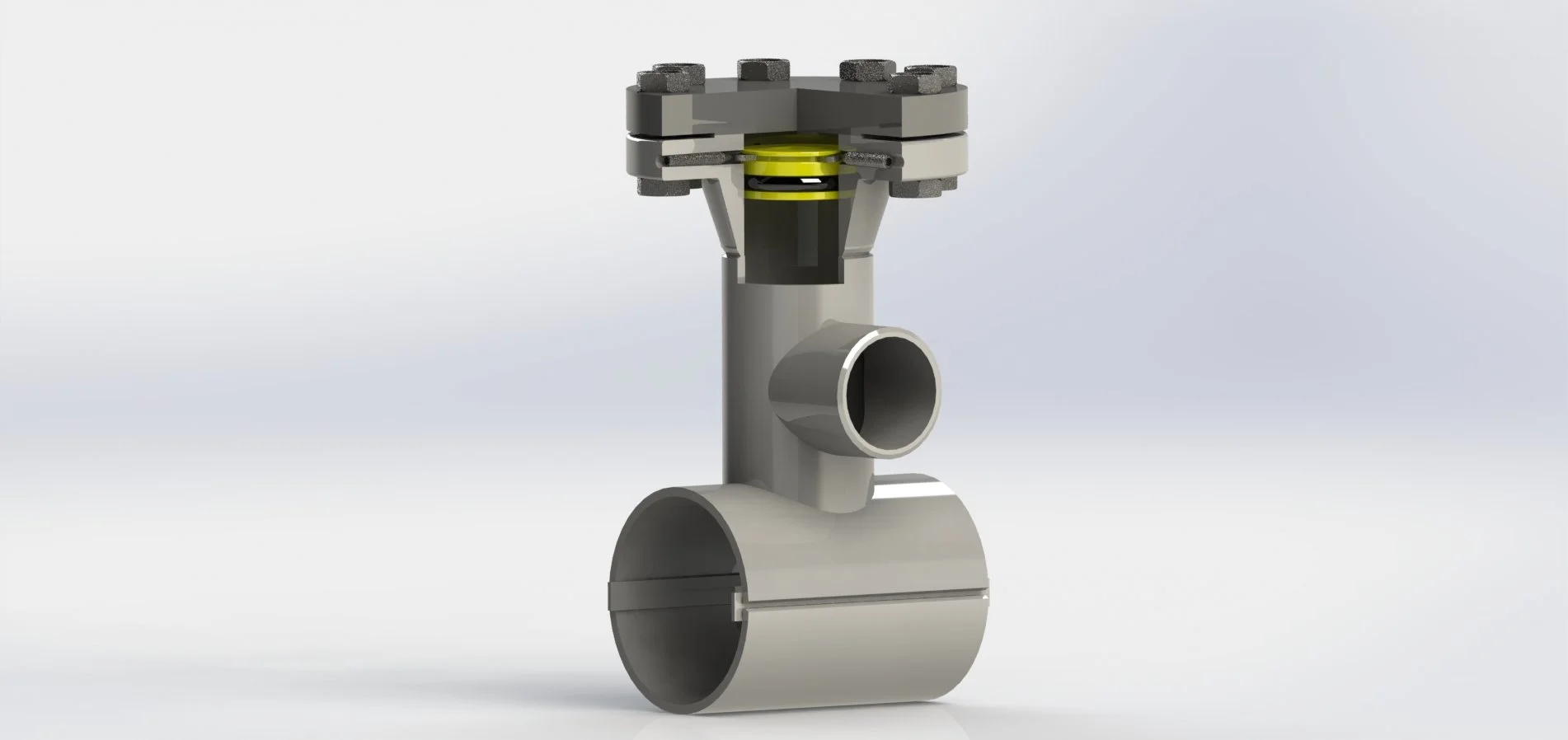 A technical illustration of a valve assembly with a gray cylindrical body, a U-shaped pipe connection, and a black and gray actuator top with bolts.