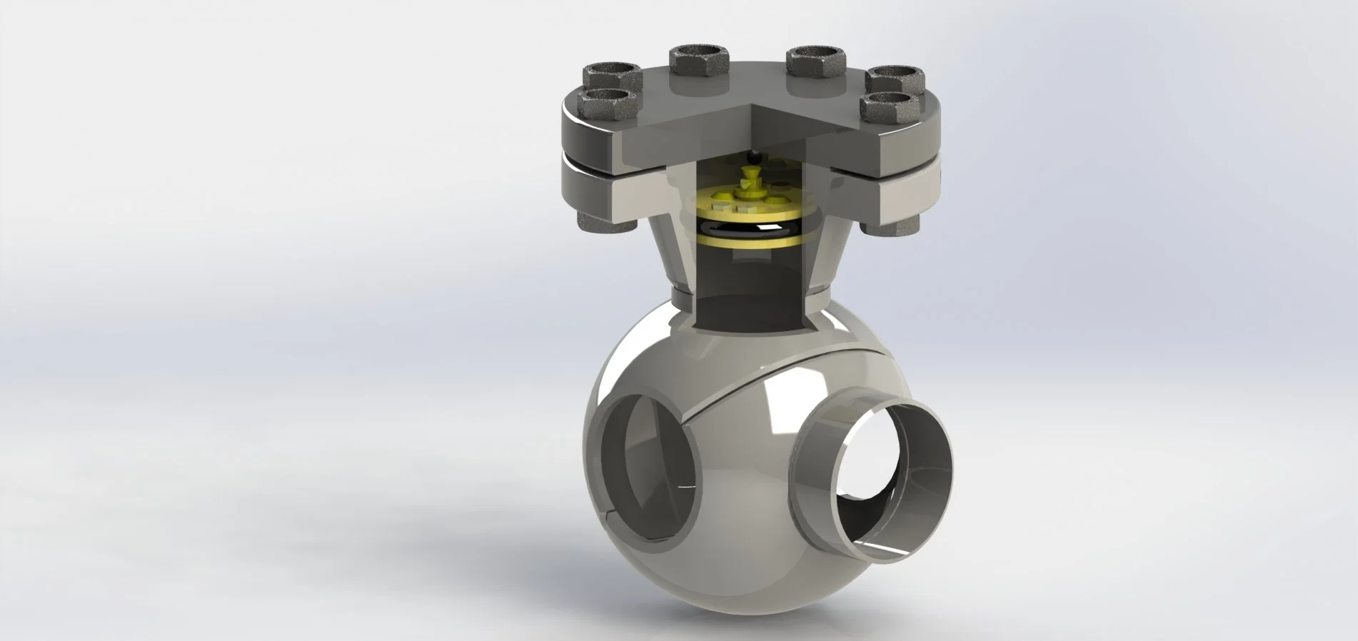 A digital rendering of a mechanical component with a spherical base and a top part with multiple black and gray parts, including a yellow internal element.