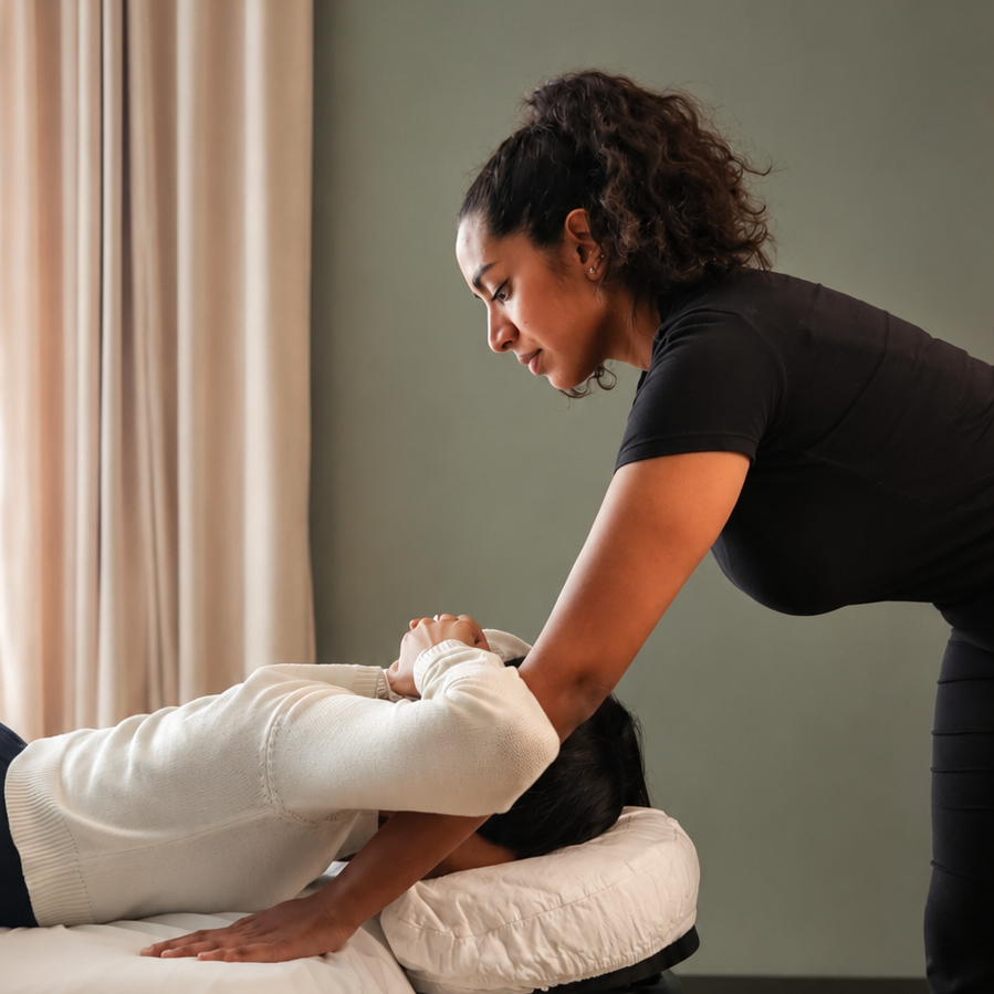 Manual osteopathic treatment on a pectoralis major - muscle energy technique (MET) to support shoulder mobility