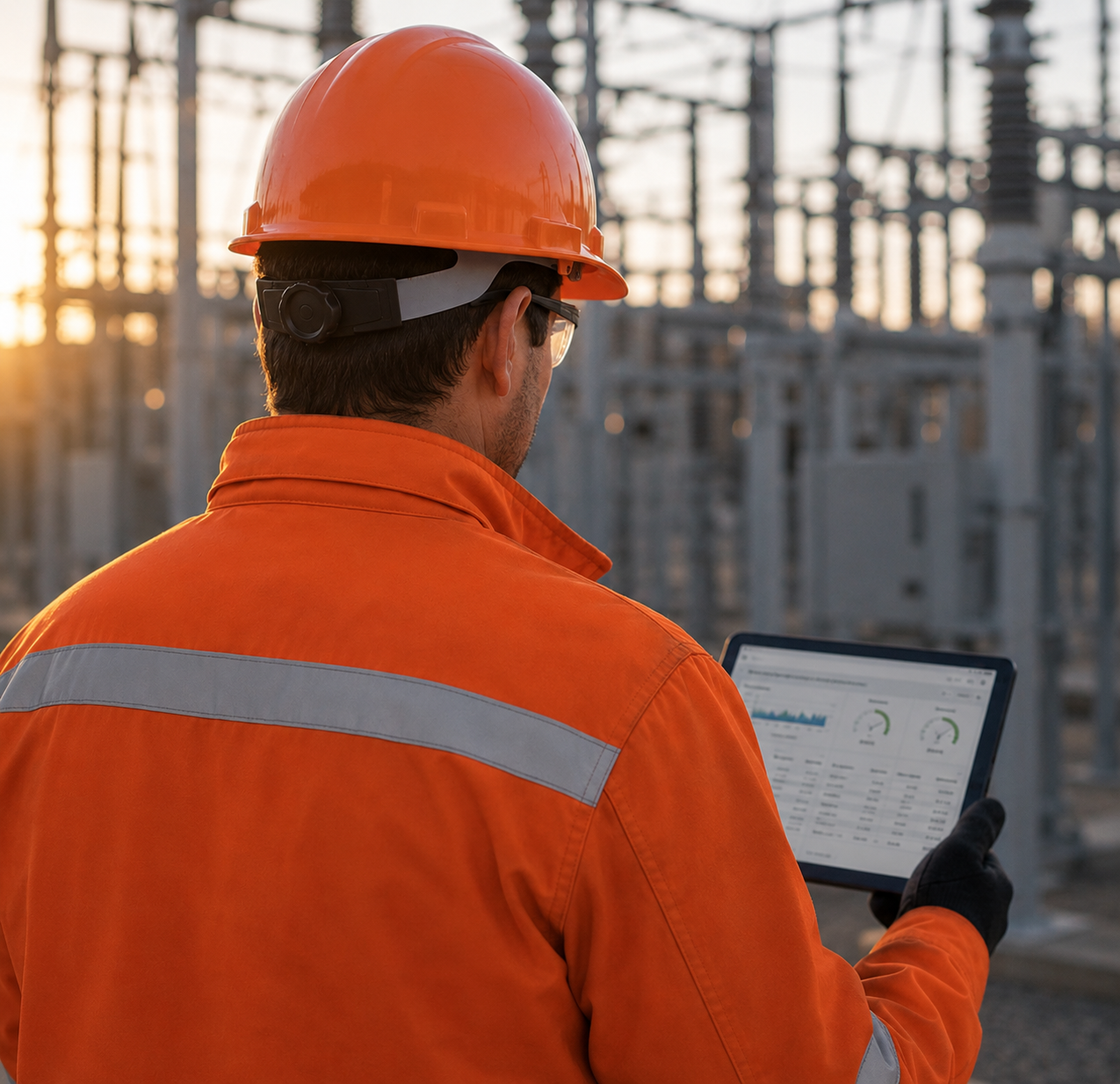 A male worker in an orange safety jacket and helmet at an industrial site, looking at a tablet with data visualizations during sunset.