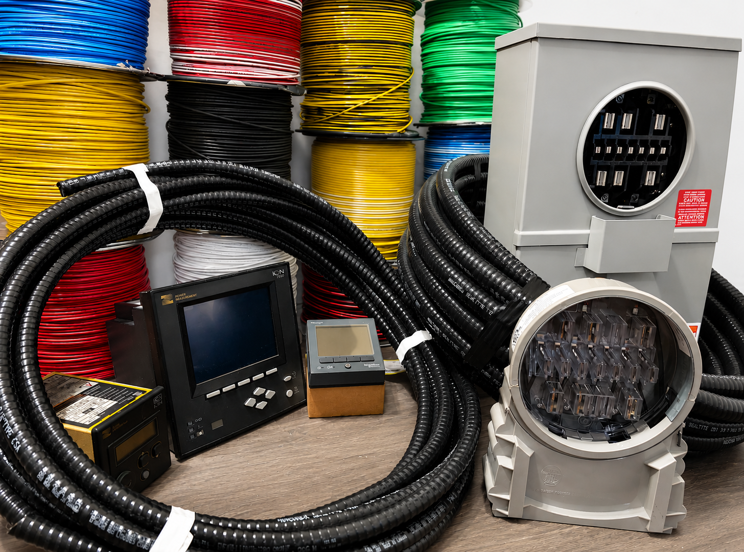 Stacked spools of colorful wire and other devices.