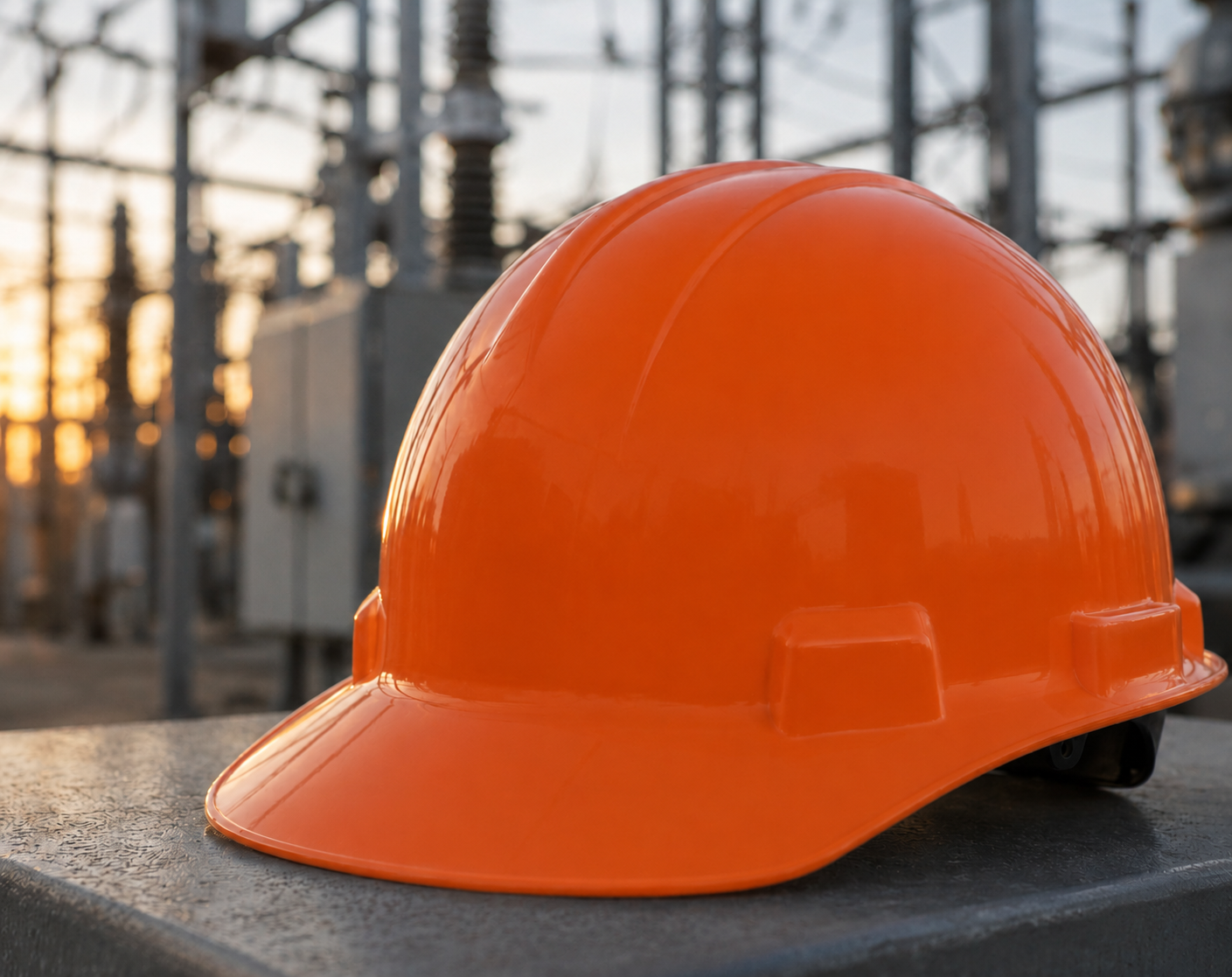Orange safety helmet on a work surface with electrical substation components in the background at sunset.