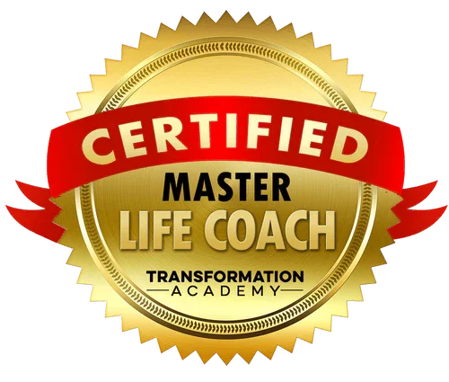 Gold certification badge for Master Life Coach from Transformation Academy with red ribbon banner and black and gold text.
