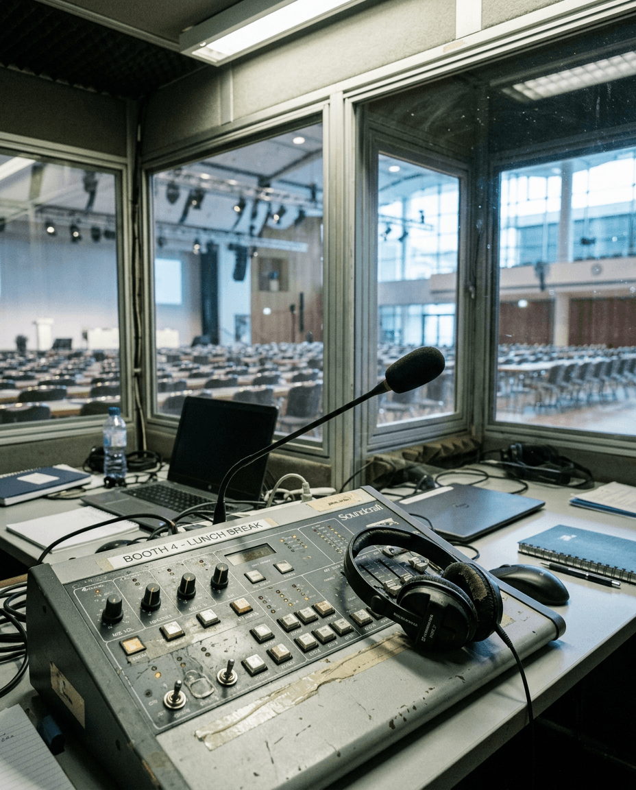 Conference room with empty chairs and stage, viewed through a glass window from a control booth with sound equipment and headphones.