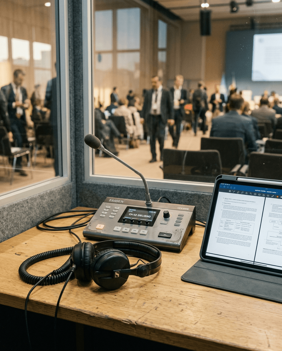 A recording or broadcast booth with headphones, a microphone, a control panel, and a tablet on a wooden desk. Through the glass window, a conference room filled with people in business attire attending a meeting or seminar.