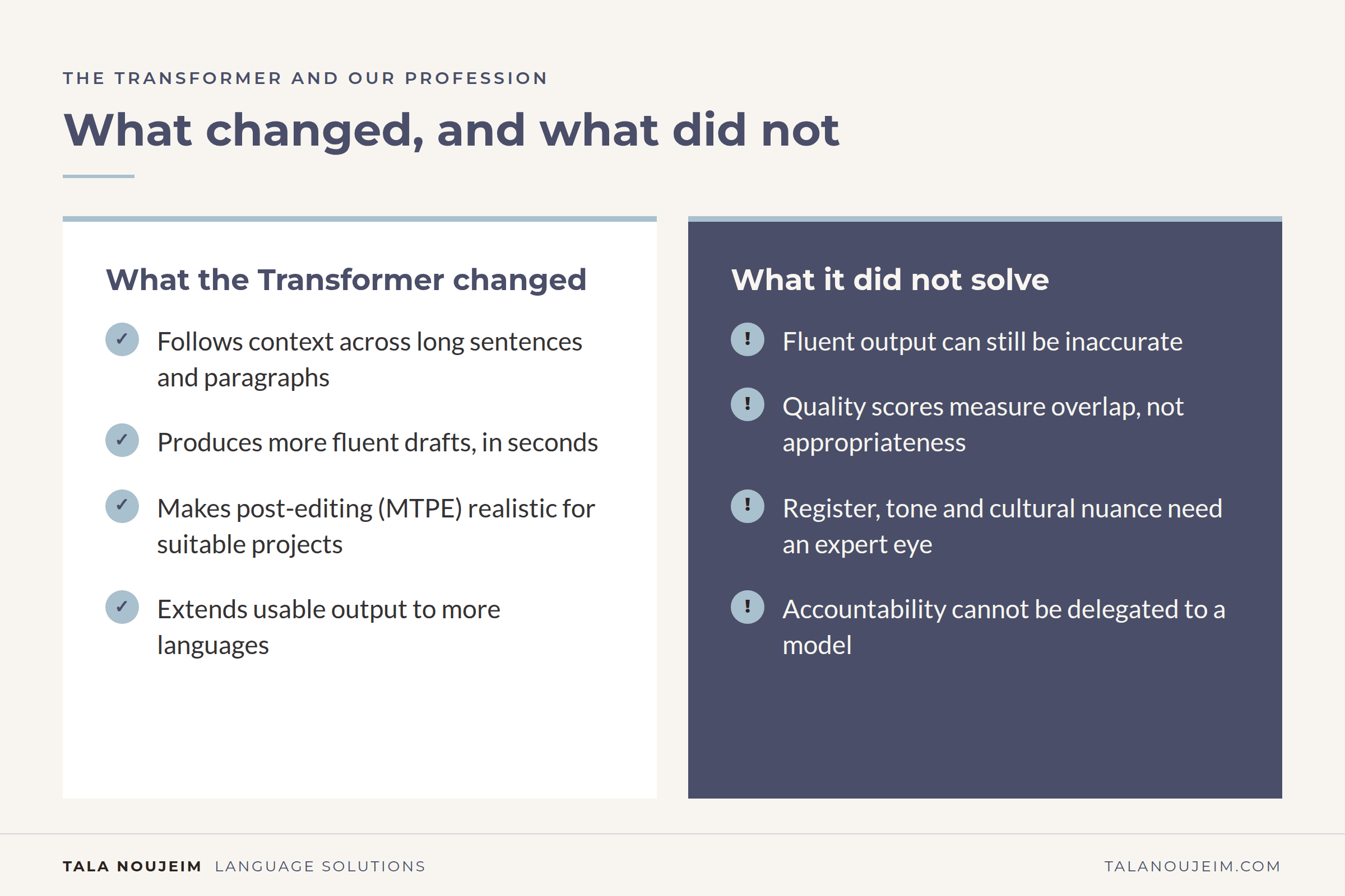 Two-column graphic: what the Transformer changed for translators versus what it did not solve