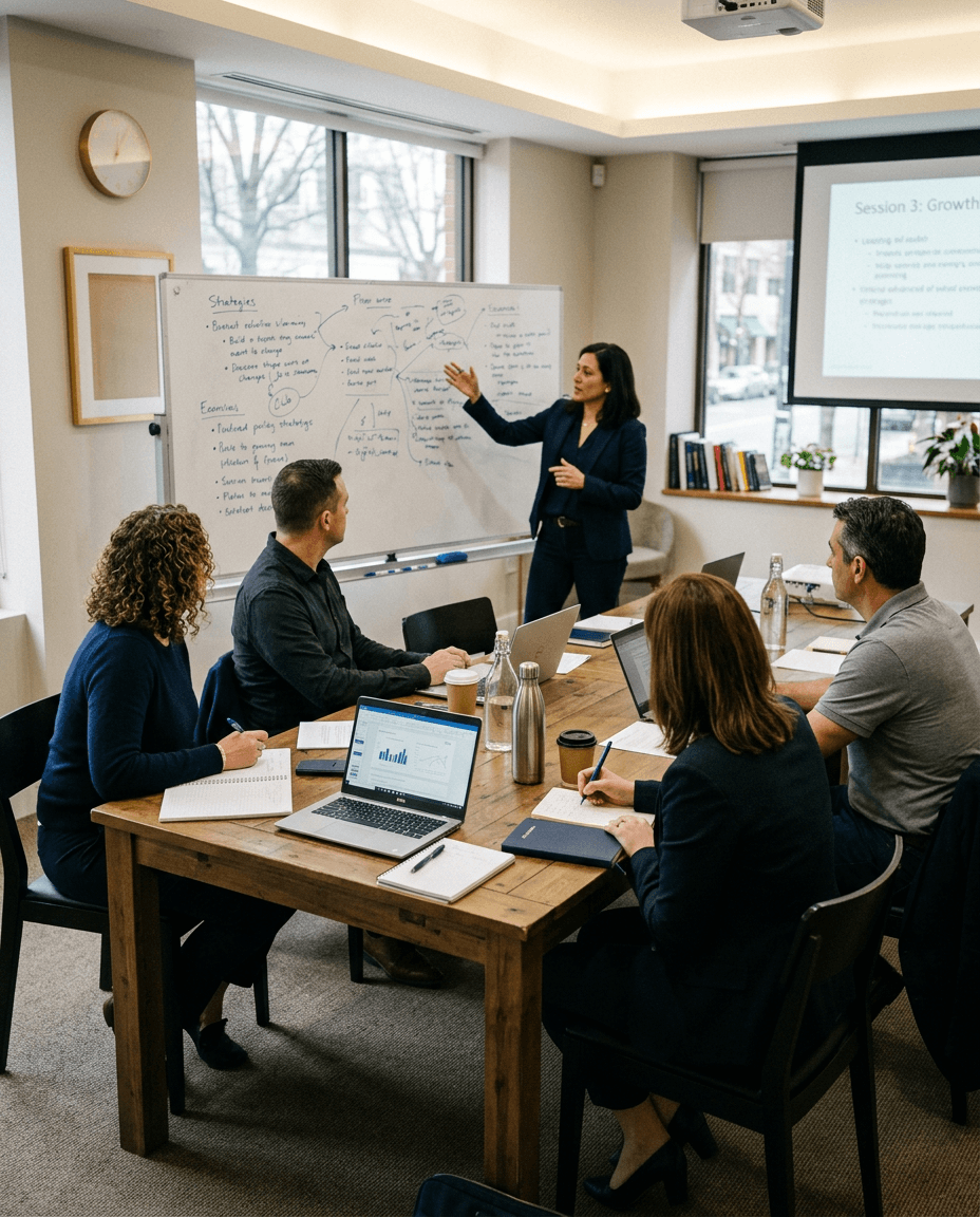 Business meeting in a conference room with five people listening to a woman presenter at a whiteboard and large screen display.