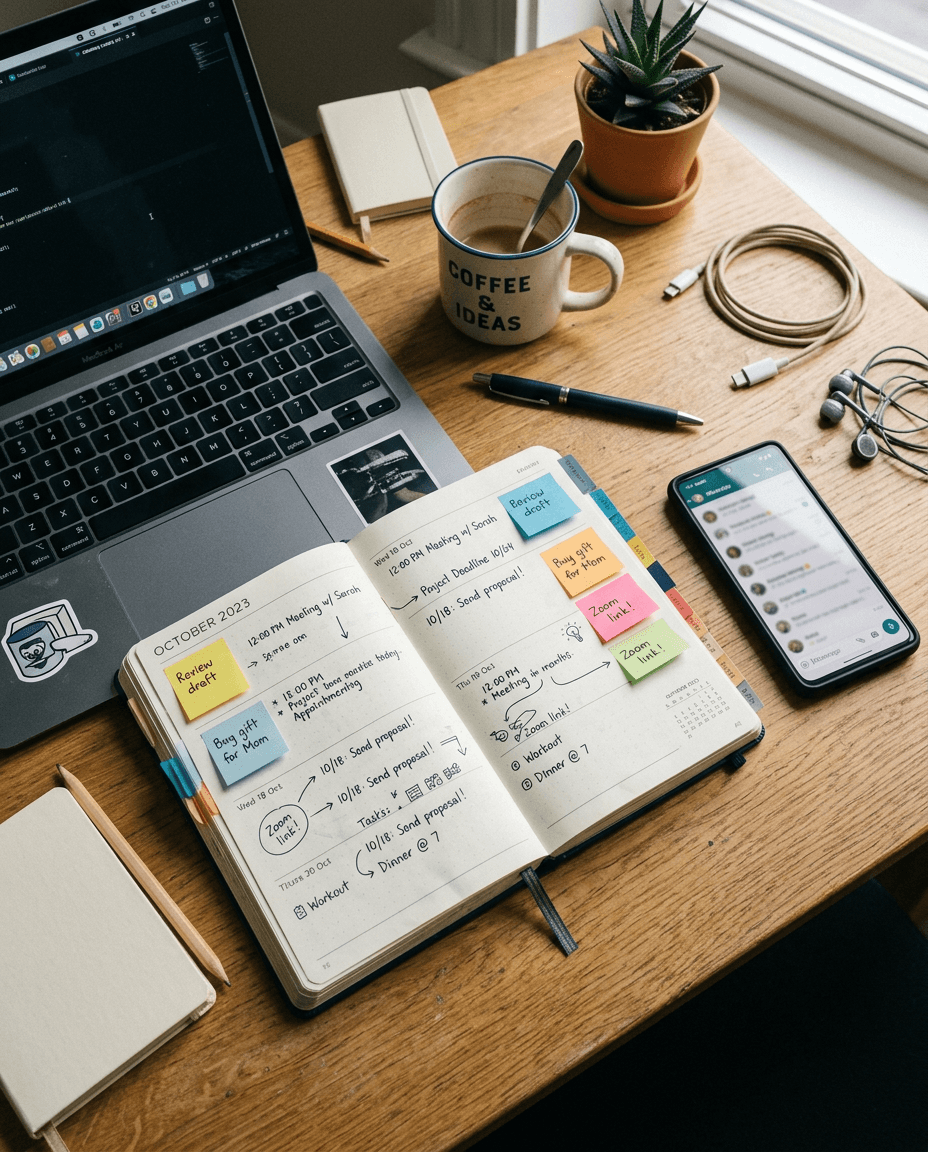 A wooden desk with a MacBook laptop, a Notebook, a plant, a coffee mug with the words "Coffee & Ideas," a pen, a phone, a charging cable, and earphones.