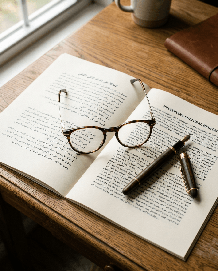 Open book, reading glasses, and pens on a wooden desk near a window.
