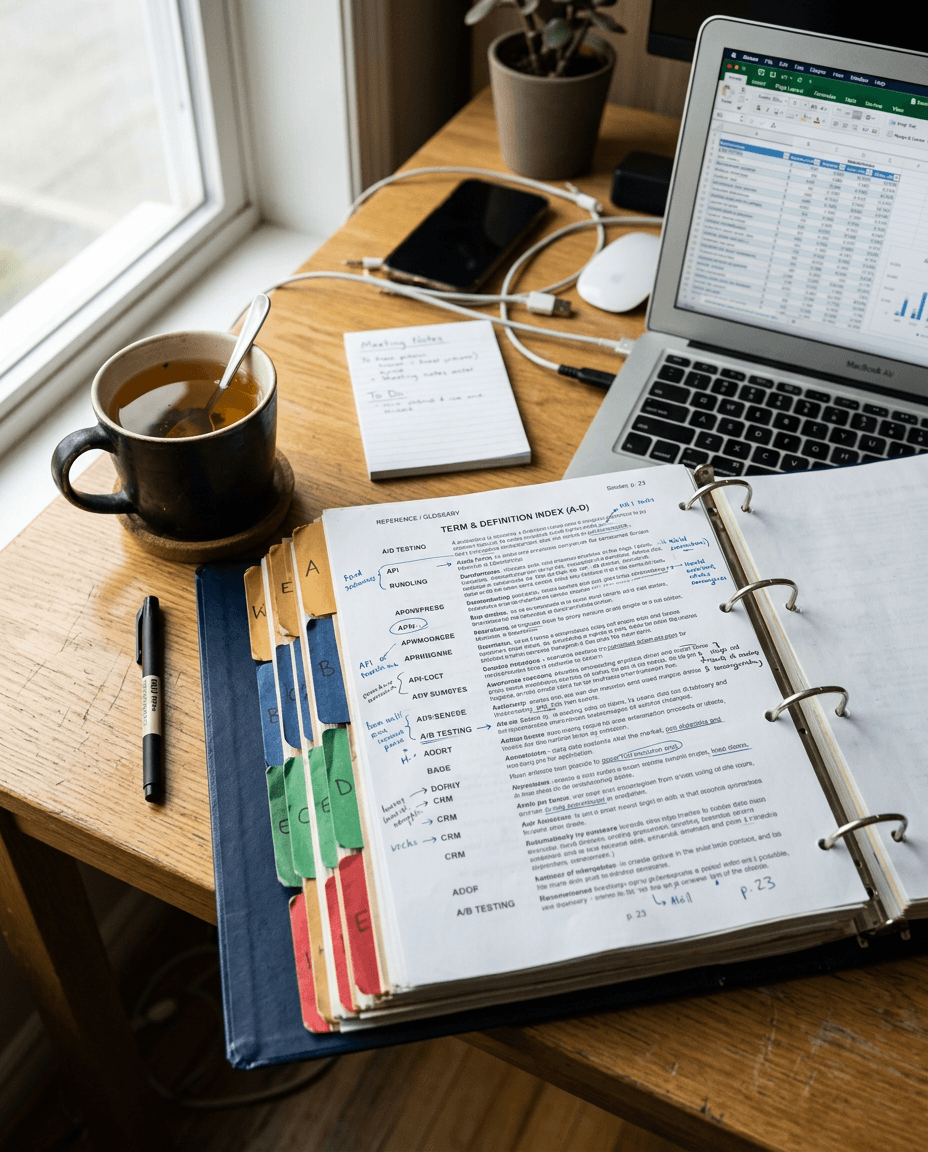 Open binder with printed documents and handwritten notes, a laptop displaying a spreadsheet, a cup of tea with a spoon, a pen, a smartphone, a mouse, and a potted plant on a wooden desk near a window.