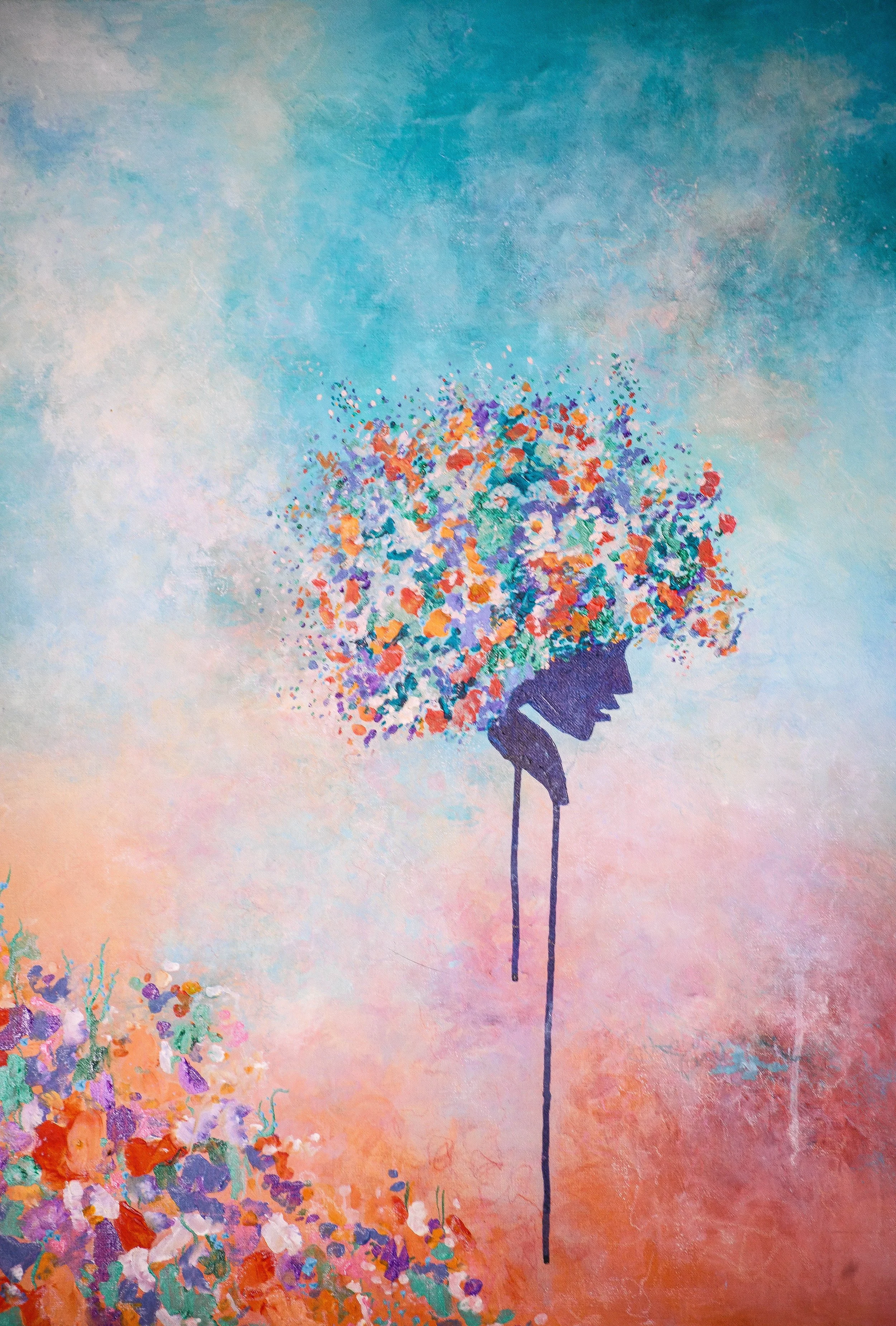 Painting of a woman with a silhouette in profile holding a bouquet that looks like a colorful explosion of flowers, set against a pastel sky background.