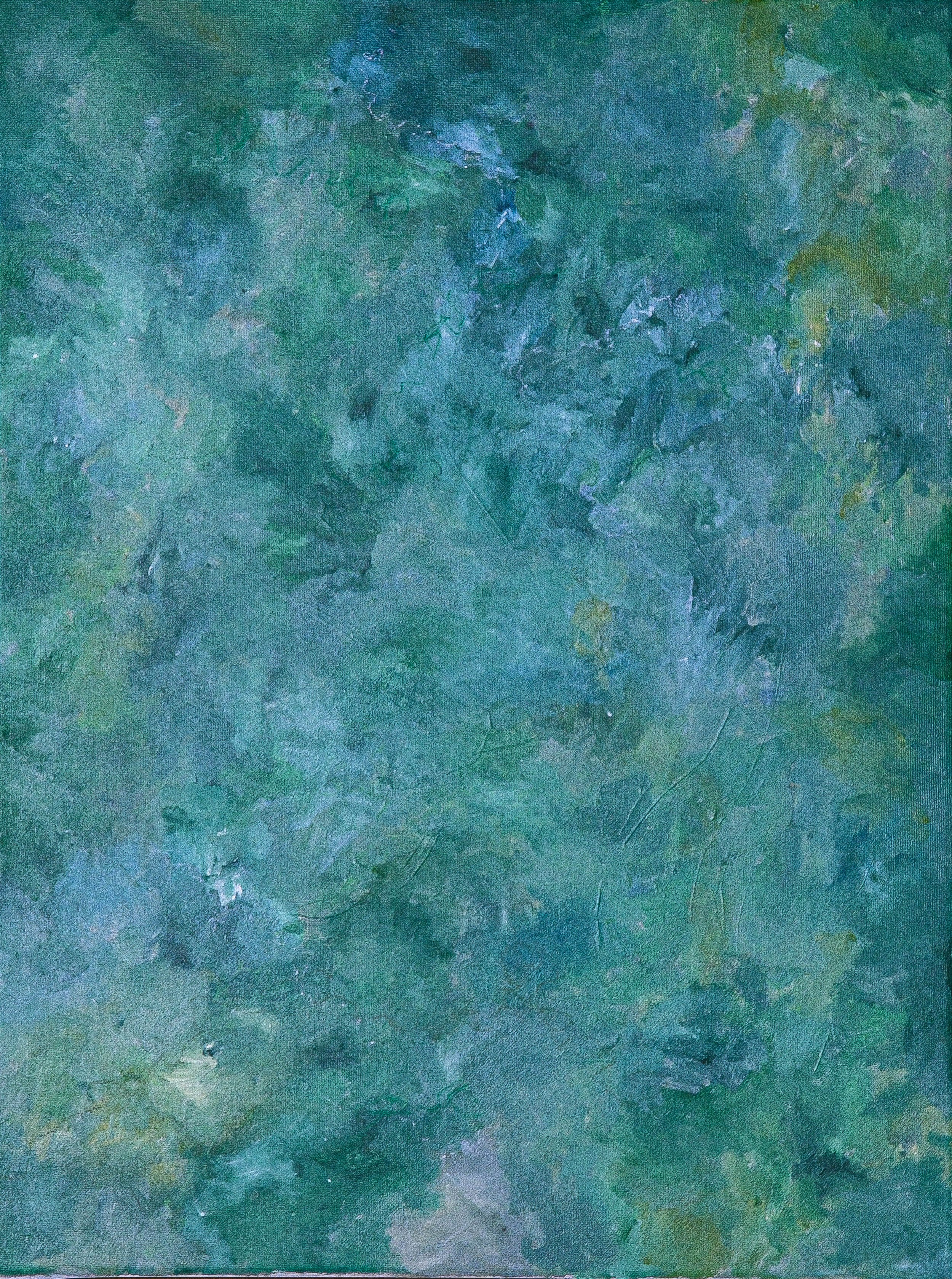 Abstract painting with textured shades of green, blue, and hints of yellow.