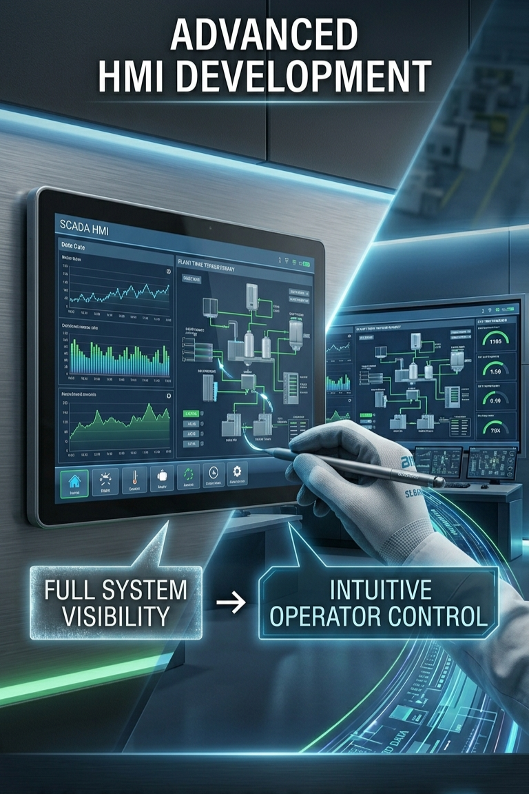 Close-up of a digital control panel displaying system graphs and data, with a gloved hand interacting with the screen using a stylus. Overlaid text reads 'Full System Visibility' leading to 'Intuitive Operator Control'.