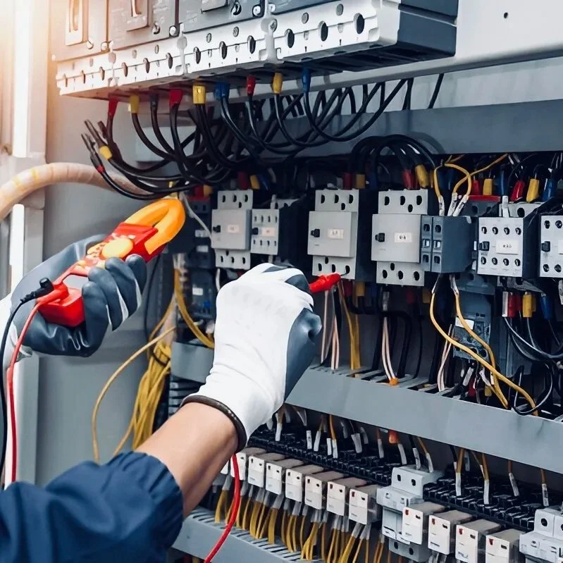 An electrician working on an electrical control panel with testing equipment and multiple wires.