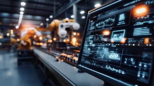 A computer monitor displaying technical data and analytics in an industrial or manufacturing setting with robotic arms in the background.