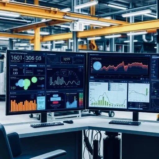 Two computer monitors displaying complex data charts and graphs in an industrial control room or data center.