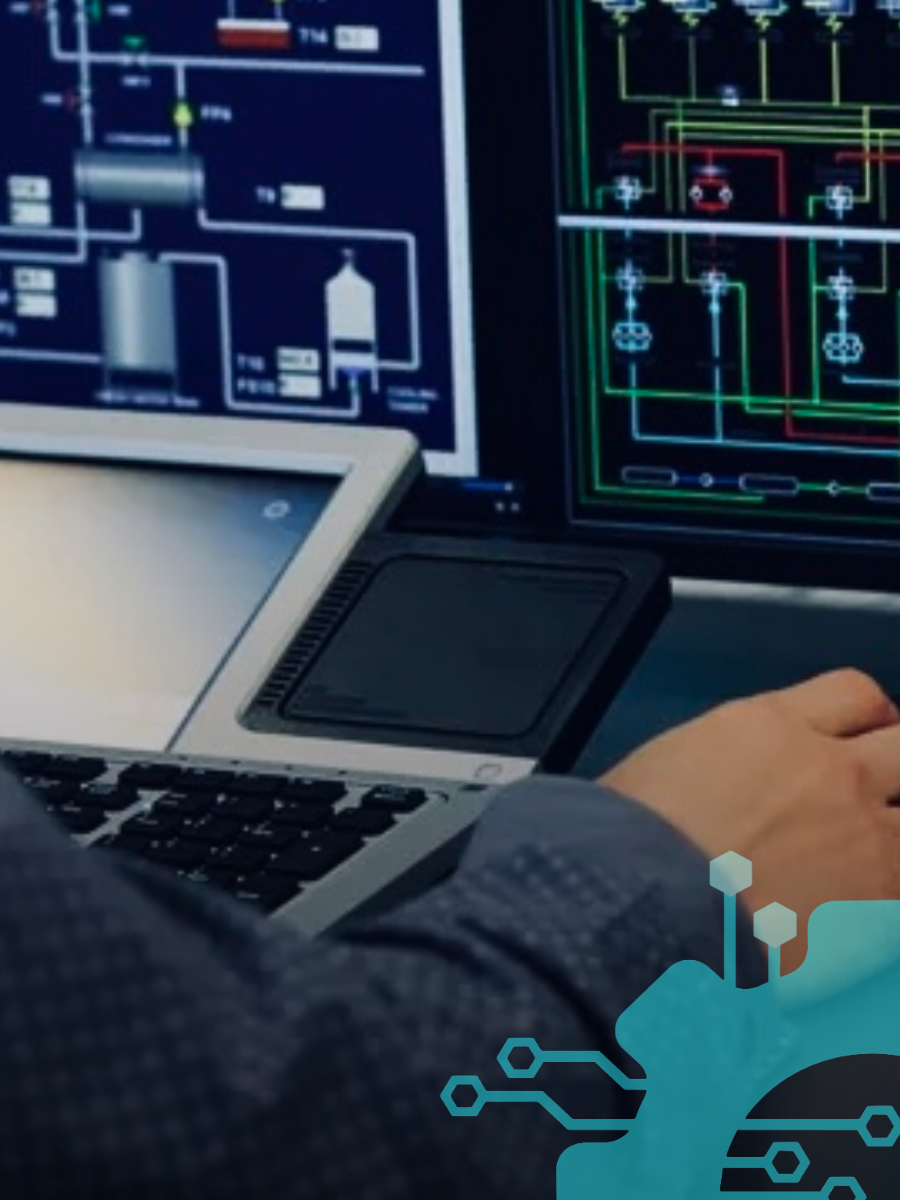 Close-up of a person working on an electronics schematic diagram on a computer monitor, with a laptop and a person's hand visible, and a modern digital graphic overlay.