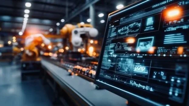 Close-up of a computer monitor displaying technical data and graphics in an industrial or manufacturing setting with robotic arms in the background.