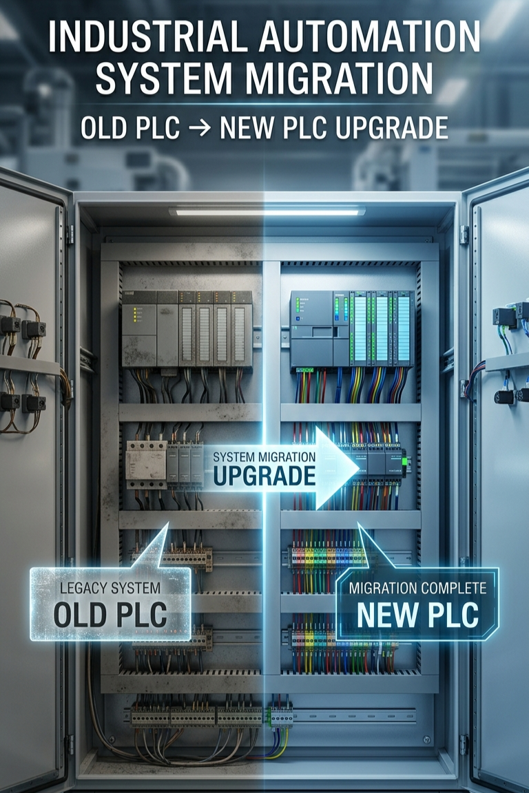 Open electrical control panel showing transition from old PLC to new PLC during system migration for industrial automation.