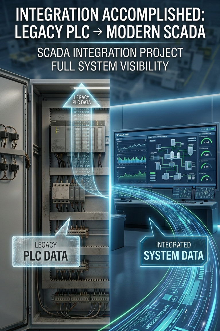 An industrial control panel with a digital overlay showing the transition from legacy PLC data to integrated system data for modern SCADA systems, illustrating full system visibility.