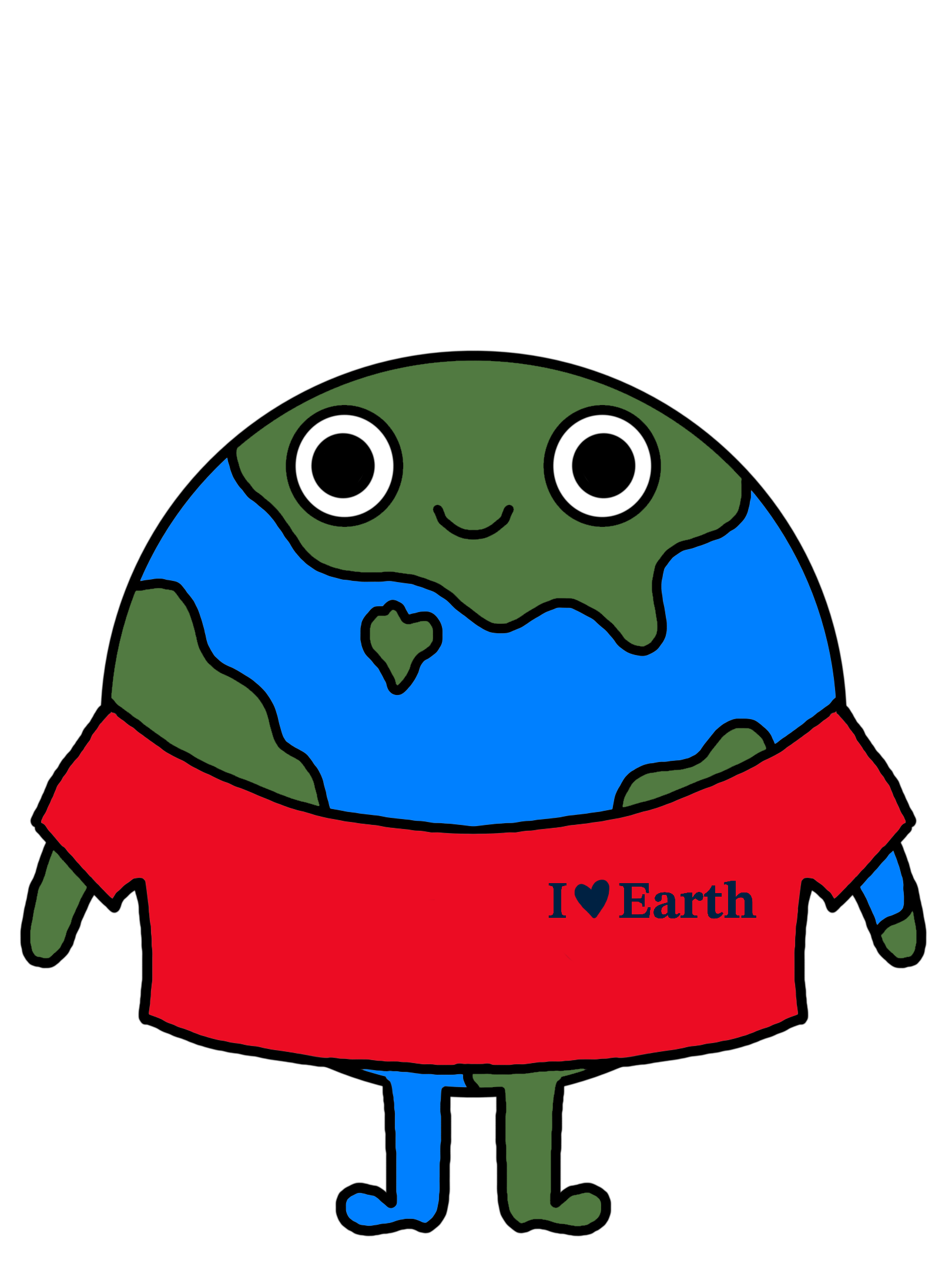 A cartoon illustration of Earth with a smiling face, wearing a red shirt with the words 'I ♥ Earth' written on it. The Earth character has two legs, one blue and one green, and appears cheerful.