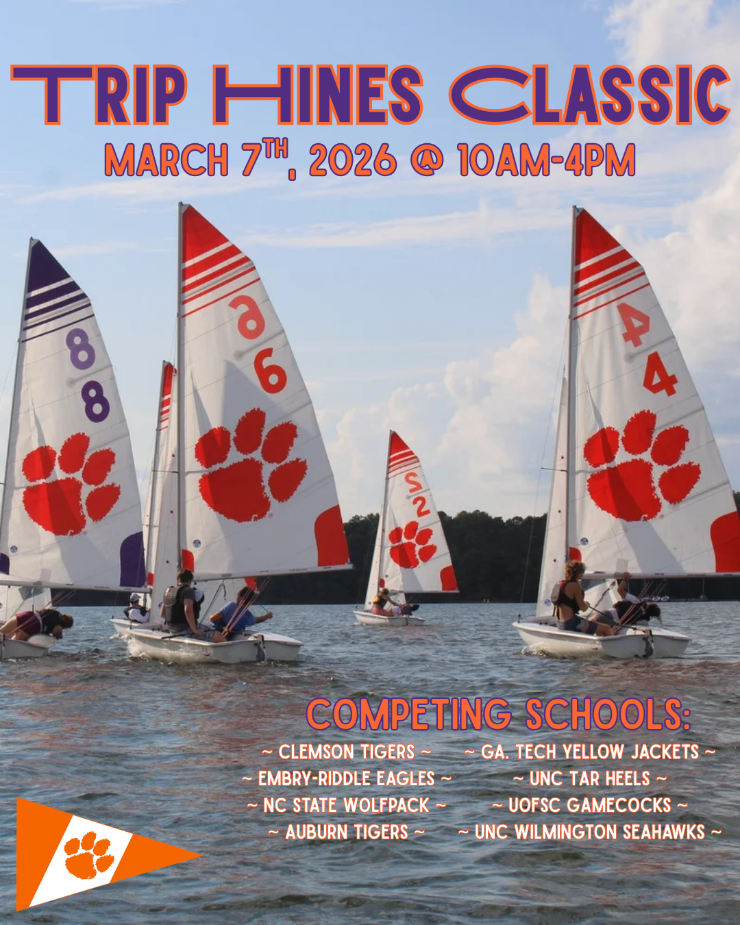 A home regatta announcement created in Canva, targeted to other teams by tagging each competing team in the post and drawing attention to the event on the Clemson campus.